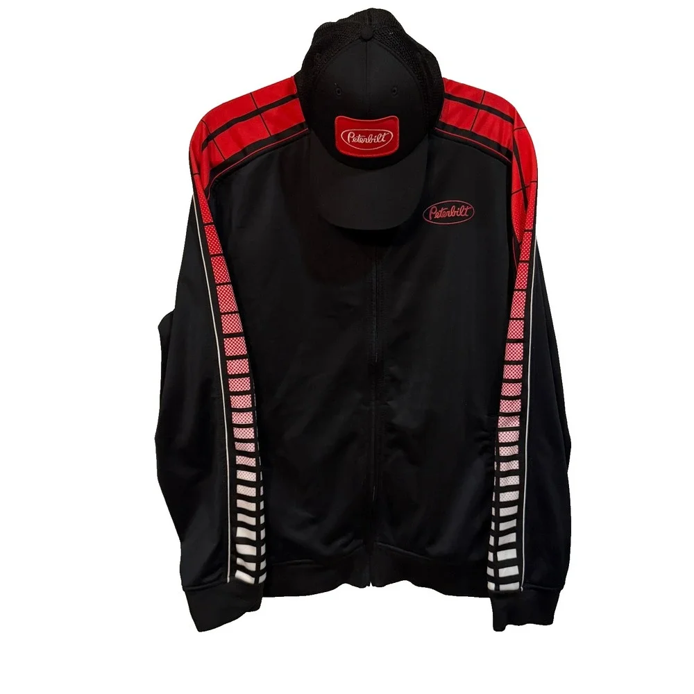 LOT OF 2: Peterbilt Track Jacket & Mesh Trucker Hat Men's XL Black Red‎